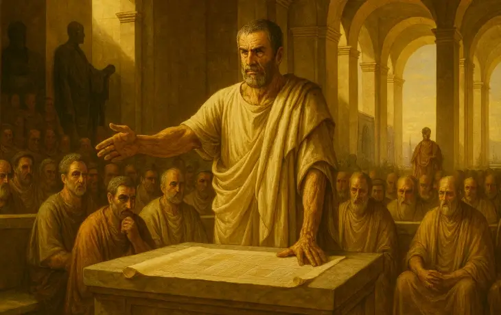 Kartaca Senatosu’nda konuşma yapan Hannibal Barca; devlet adamı kimliğiyle reformlarını açıklarken etrafında Kartacalı senatörler görülüyor.